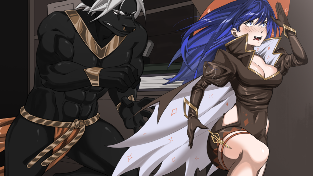 a minotaur chasing a young blue-haired witch through a labyrinth